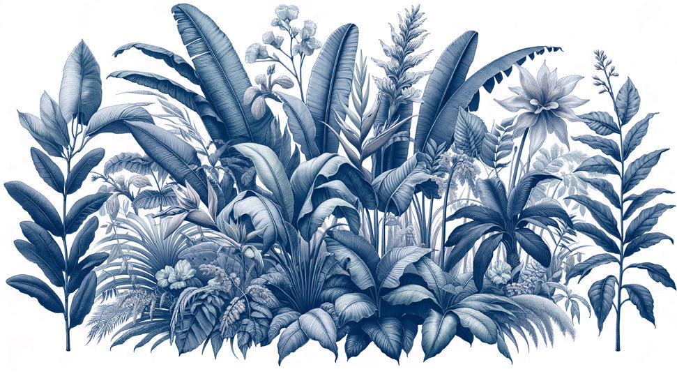 Tropical blue botanical garden design file showing detailed leaf patterns and textures