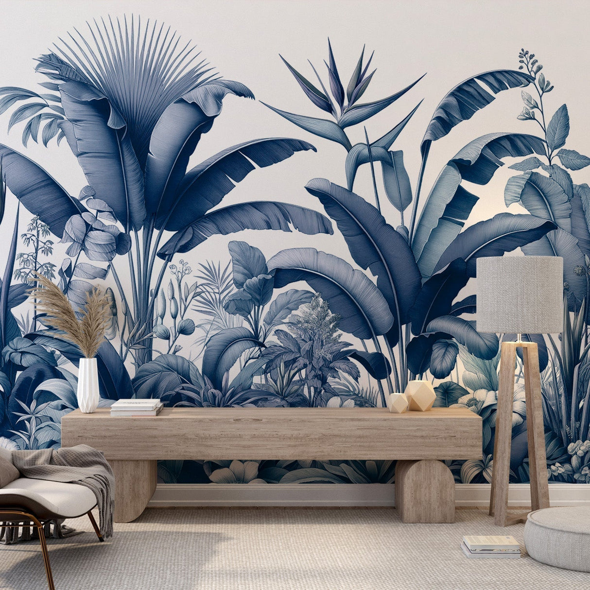 Tropical Botanical Paradise Wallpaper in blue tones creating a serene atmosphere in a modern living room setting