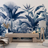 Tropical Botanical Paradise Wallpaper in blue tones creating a serene atmosphere in a modern living room setting