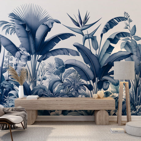 Tropical Botanical Paradise Wallpaper in blue tones creating a serene atmosphere in a modern living room setting
