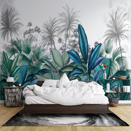 Tropical leaf wallpaper creating a fresh atmosphere in a modern living room with natural light