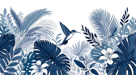 Blue Tropical Wallpaper with hummingbird and monstera leaves creating a peaceful atmosphere in a modern living room