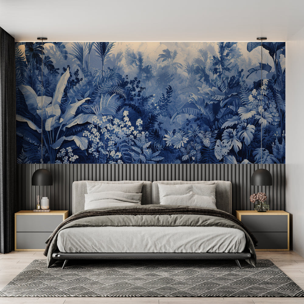Tropical jungle wallpaper in blue creating a serene atmosphere in a modern living room