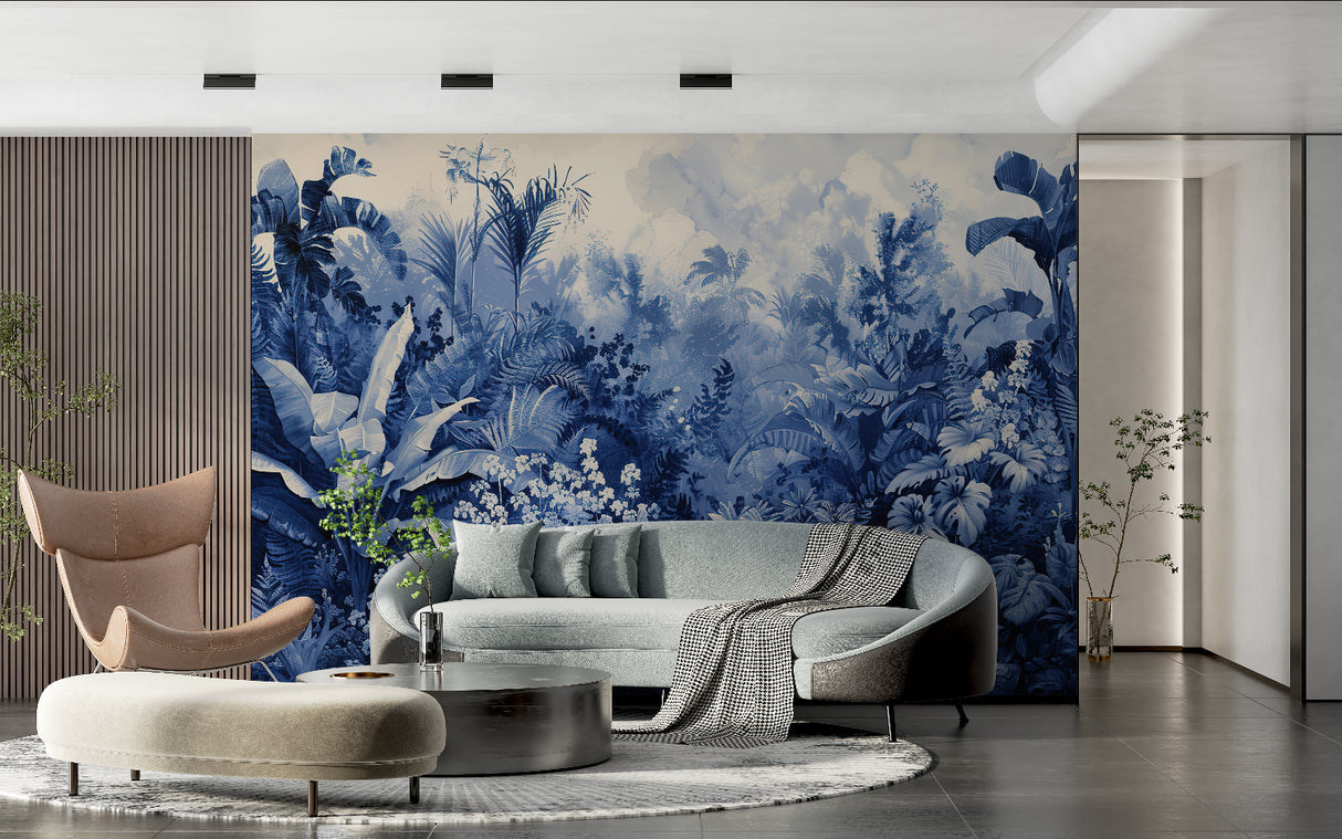 Blue botanical wallpaper transforming a bedroom into a peaceful sanctuary