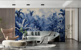 Blue botanical wallpaper transforming a bedroom into a peaceful sanctuary
