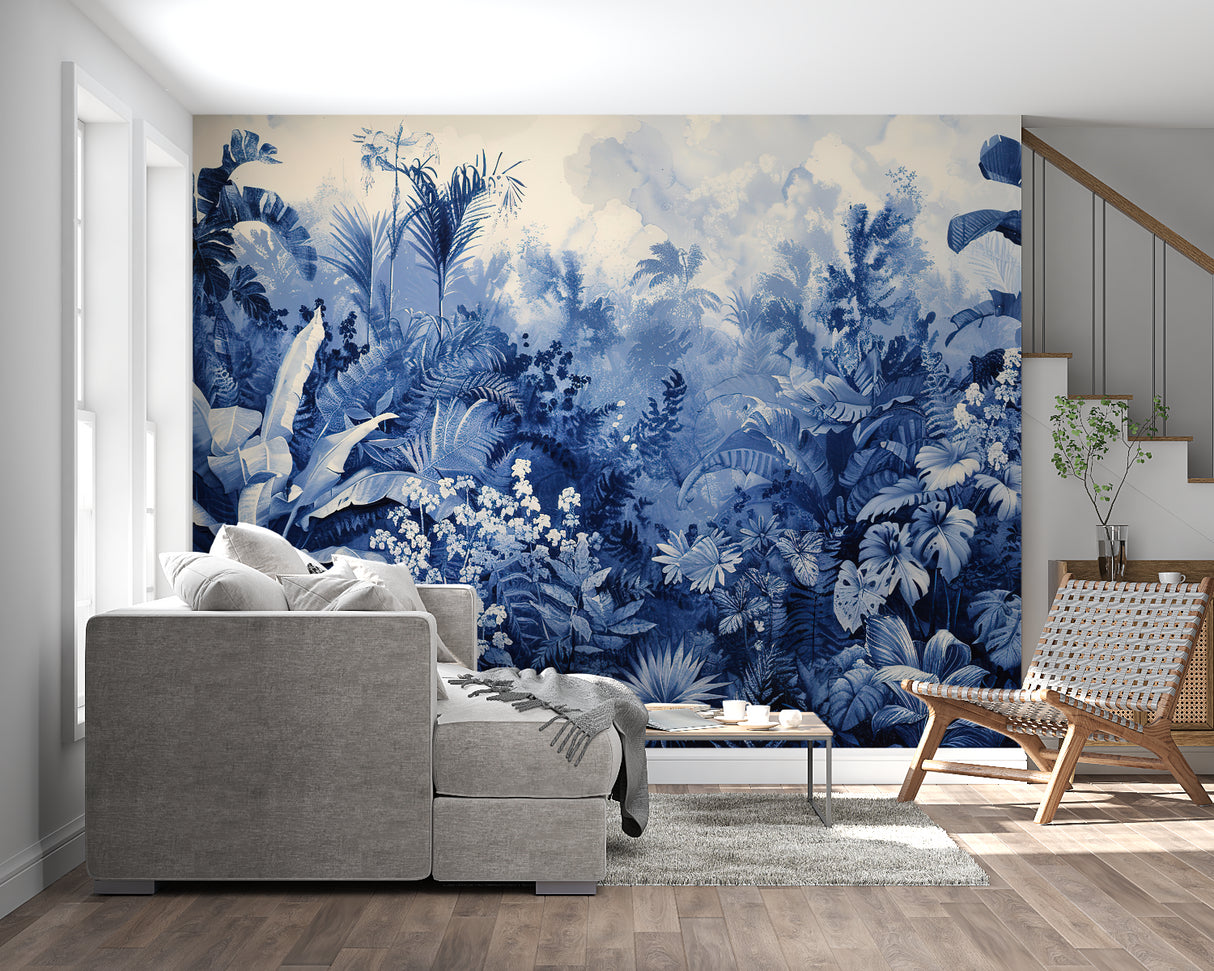 Monochrome tropical leaves wallpaper adding depth to a home office