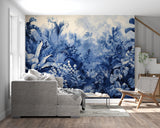 Monochrome tropical leaves wallpaper adding depth to a home office