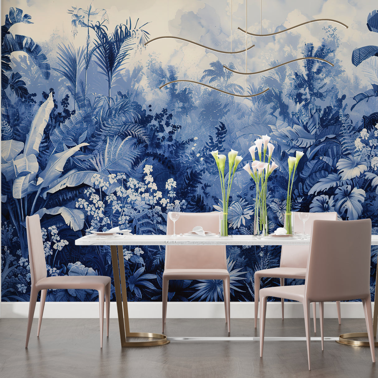 Blue jungle mural creating a spa-like atmosphere in a bathroom