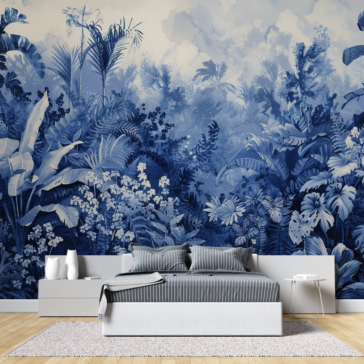 Tropical wallpaper in blue tones making a dining room feel larger