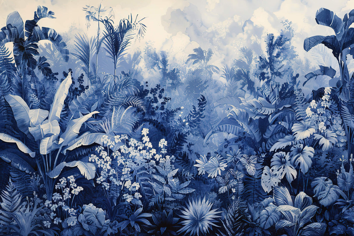 Design file showing detailed blue monochrome tropical leaf pattern and botanical elements