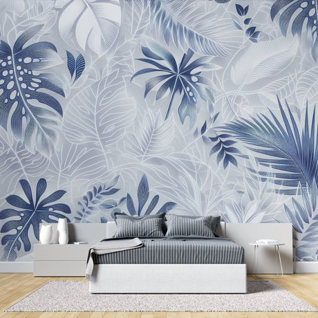 Blue Monstera leaf wallpaper in modern living room creating a fresh tropical atmosphere
