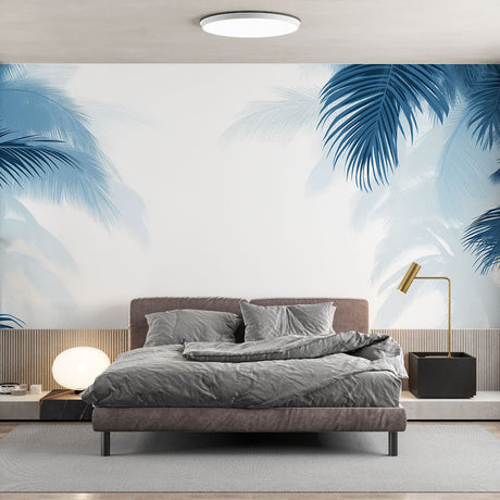 Tropical palm leaf wallpaper in modern living room showing blue palm fronds creating a fresh coastal atmosphere