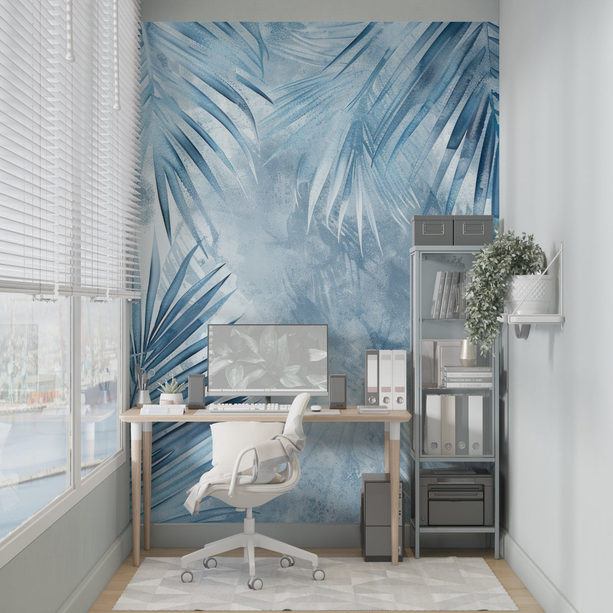 Blue Palm Leaves Mural Wallpaper in bright modern living room with white sofa and natural light