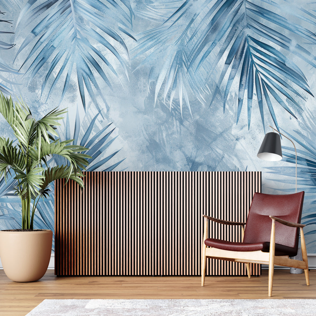 Tropical Palm Wallpaper creating calm atmosphere in master bedroom with minimal decor