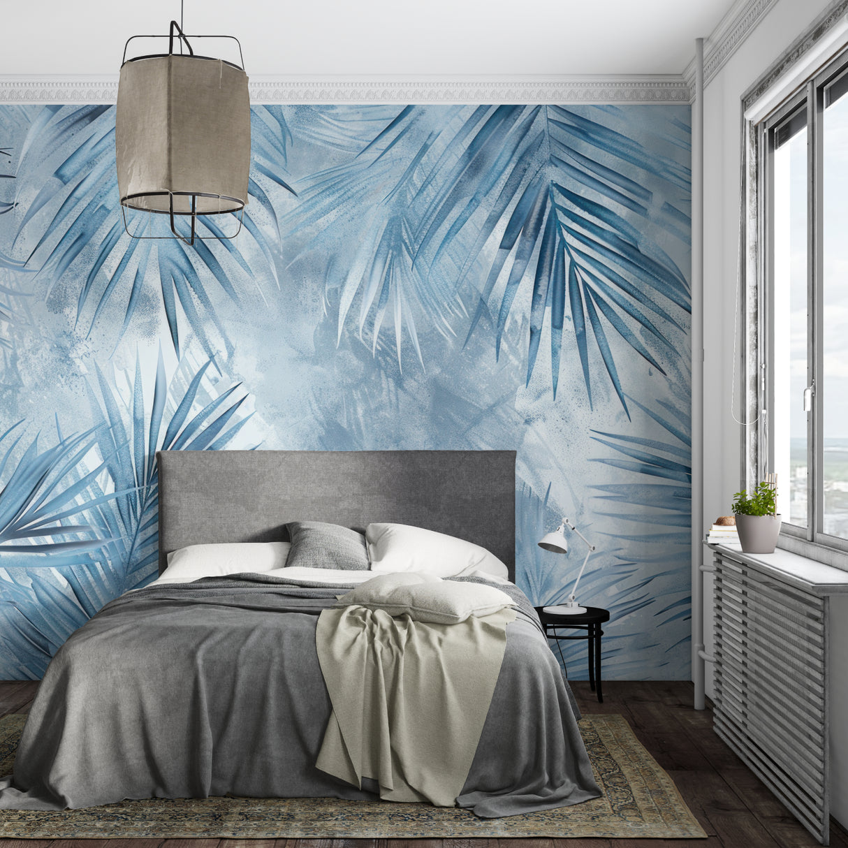 Blue Palm Leaf Mural in coastal style dining room with wooden furniture
