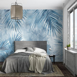 Blue Palm Leaf Mural in coastal style dining room with wooden furniture