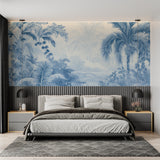 Blue palm wallpaper making statement in home office setting
