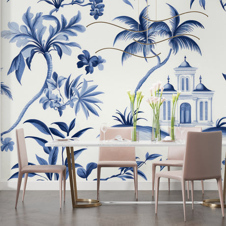 Tropical palm tree wallpaper with Mediterranean villa in a modern living room, creating a fresh coastal atmosphere