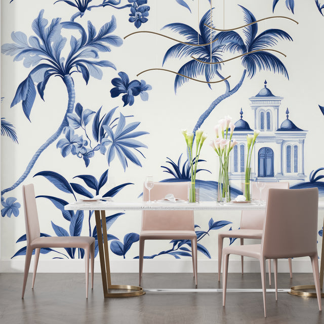 Tropical palm tree wallpaper with Mediterranean villa in a modern living room, creating a fresh coastal atmosphere