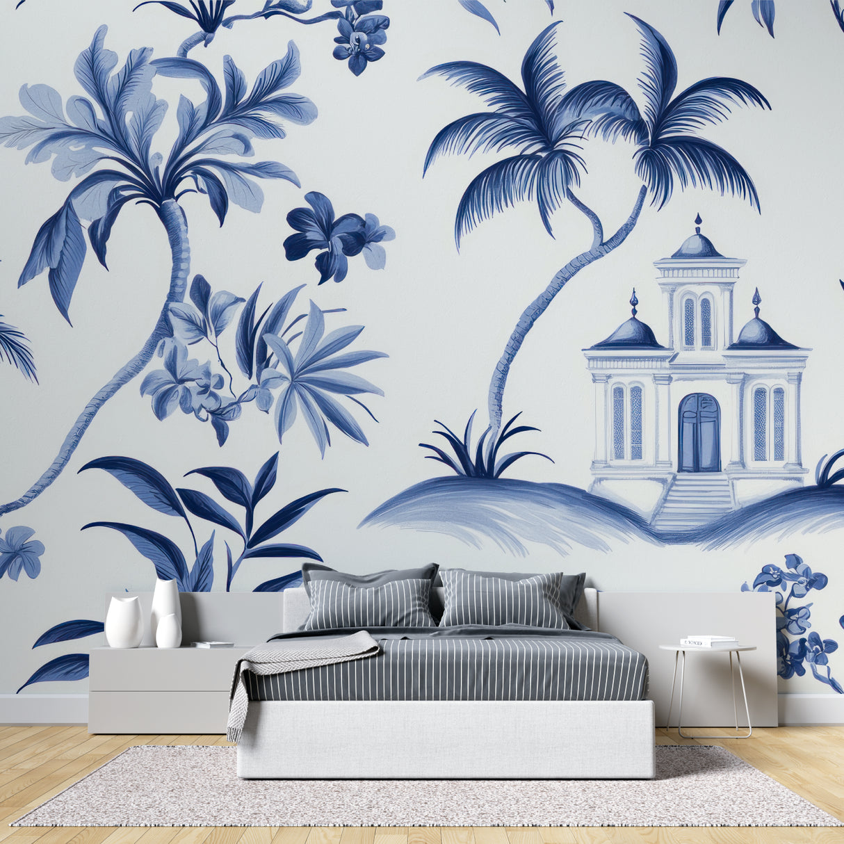 Blue palm tree mural wallpaper showcased in a bright master bedroom with white furniture