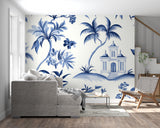 Mediterranean villa wallpaper in blue tones adorning a stylish dining room wall