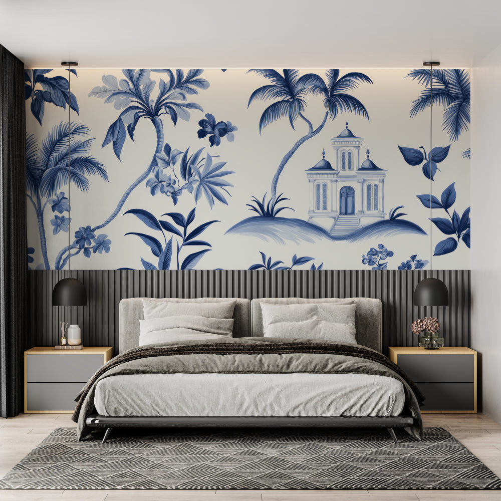 Coastal palm tree mural creating a resort feel in a home office space