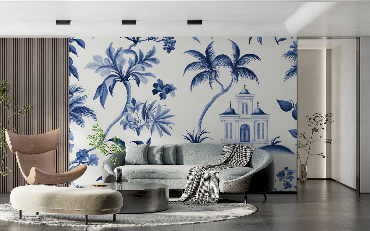 Blue tropical wallpaper transforming an entrance hall into an elegant coastal retreat
