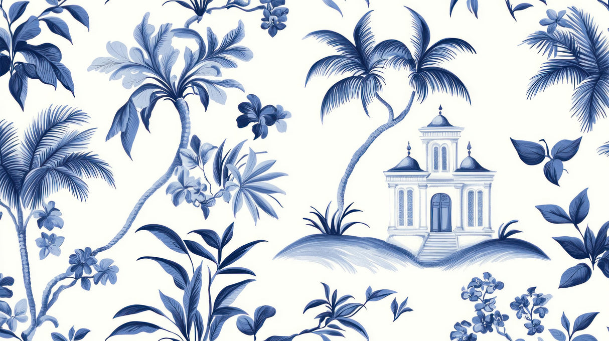 Mediterranean villa and palm trees design file showing intricate blue palm patterns and detailed villa architecture