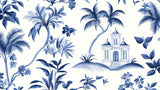 Mediterranean villa and palm trees design file showing intricate blue palm patterns and detailed villa architecture
