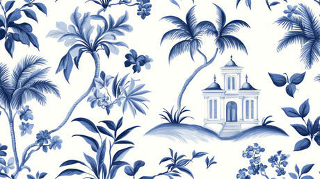 Mediterranean villa and palm trees design file showing intricate blue palm patterns and detailed villa architecture