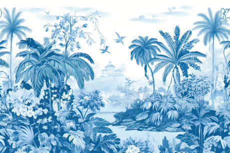 Tropical paradise wallpaper design file showing detailed blue palm trees and colonial house pattern