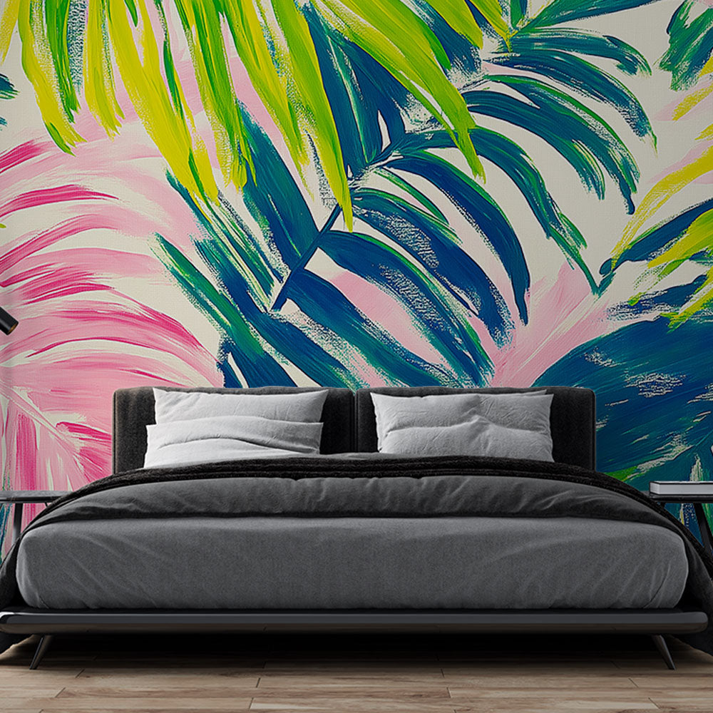 Tropical palm leaf wallpaper creating a stunning accent wall in a modern living room with white furniture