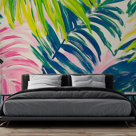 Tropical palm leaf wallpaper creating a stunning accent wall in a modern living room with white furniture