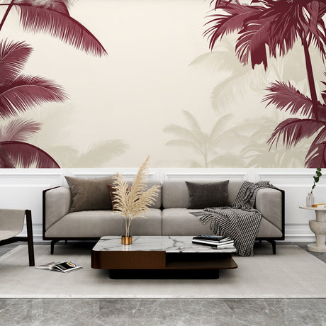 Burgundy palm leaf wallpaper creating an elegant atmosphere in a modern living room with natural light