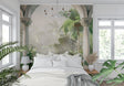 Tropical arch wallpaper with palm trees creating depth in a modern living room setting