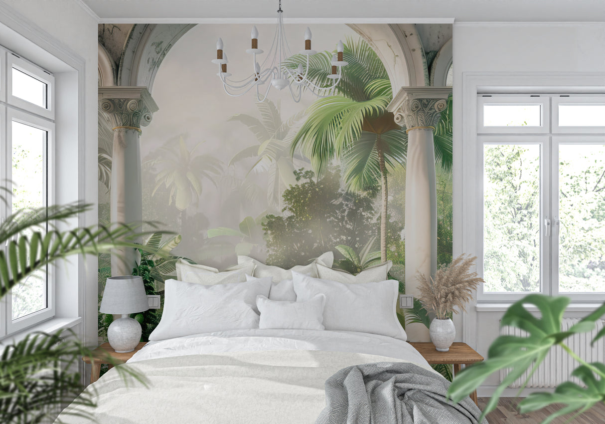 Tropical arch wallpaper with palm trees creating depth in a modern living room setting