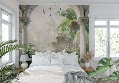Tropical arch wallpaper with palm trees creating depth in a modern living room setting