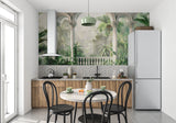 Tropical architectural wallpaper making a statement in a dining room