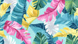 Tropical banana leaf wallpaper creating a bold statement in a modern living room with natural light and white furniture