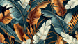Tropical banana leaf wallpaper in copper and teal creating a luxurious atmosphere in a modern living room setting