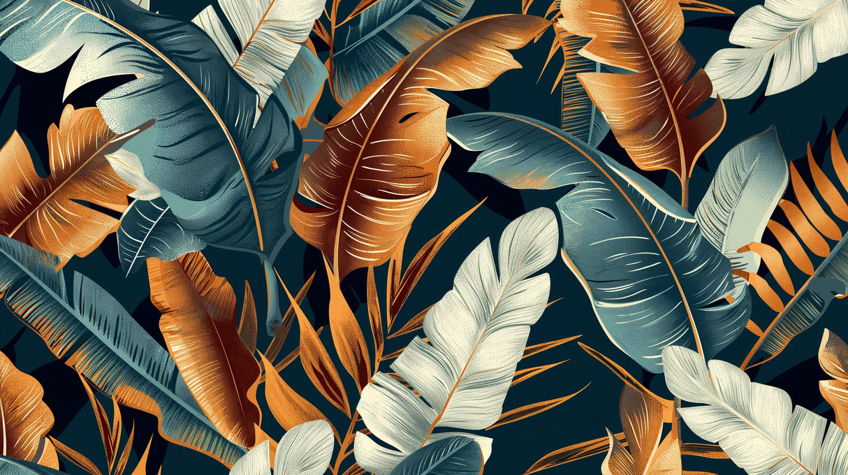 Tropical banana leaf wallpaper in copper and teal creating a luxurious atmosphere in a modern living room setting