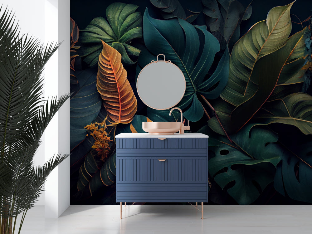 Tropical leaf wallpaper with gold accents creating drama in modern living room with grey sofa and natural light