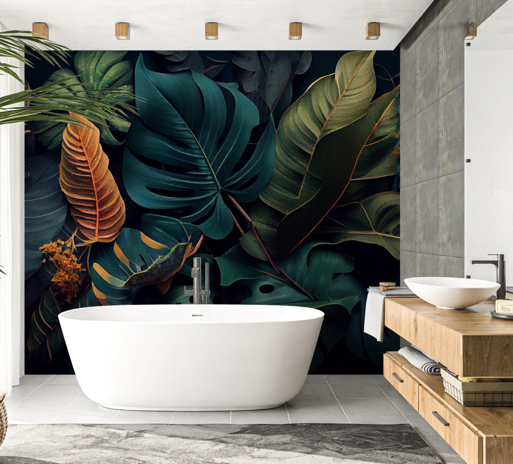 Dark botanical wallpaper featuring monstera leaves in master bedroom with minimal furniture