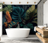 Dark botanical wallpaper featuring monstera leaves in master bedroom with minimal furniture
