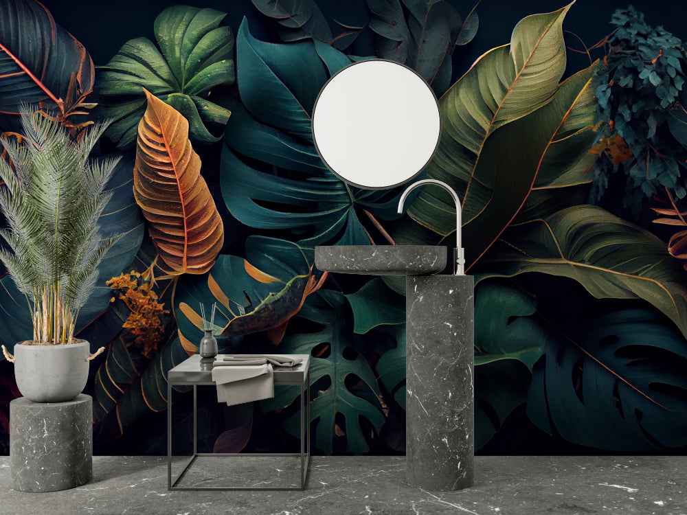 Exotic leaf mural with gold details making statement wall in dining room with wooden table