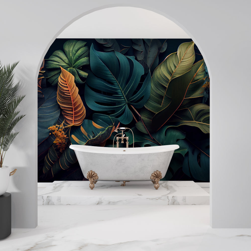 Tropical monstera wallpaper bringing luxury feel to home office with dark furniture