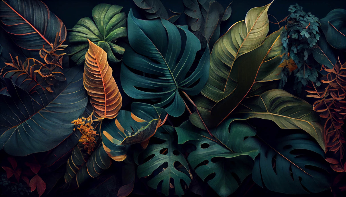 Tropical leaf pattern design file showing detailed gold accents on dark background