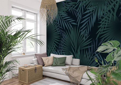 Tropical palm leaf wallpaper in modern living room creating a bold statement wall with deep green botanical pattern