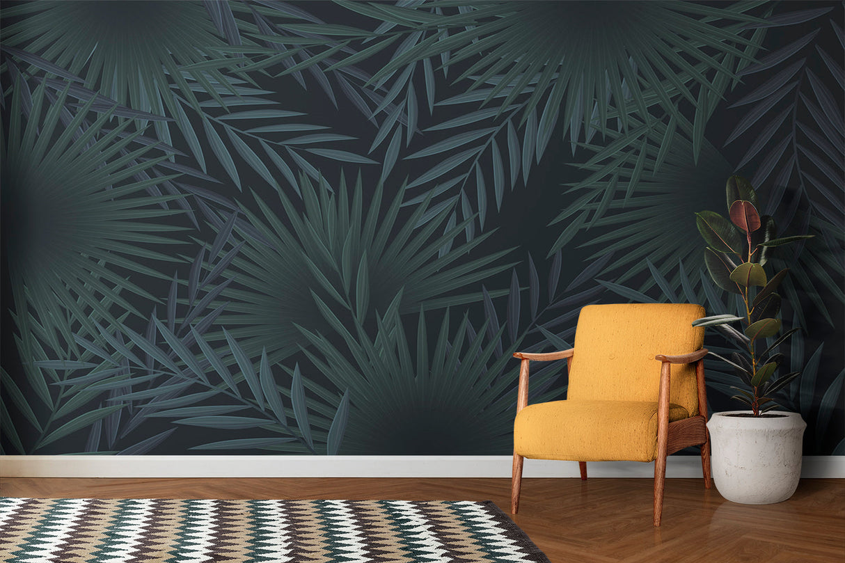 Dark green palm leaves mural in bedroom showing dramatic botanical print against white furniture