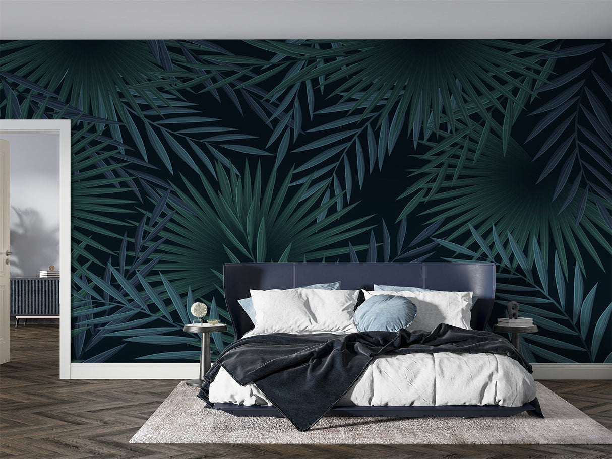 Tropical wall mural featuring palm leaves in luxury hotel lobby with emerald accents